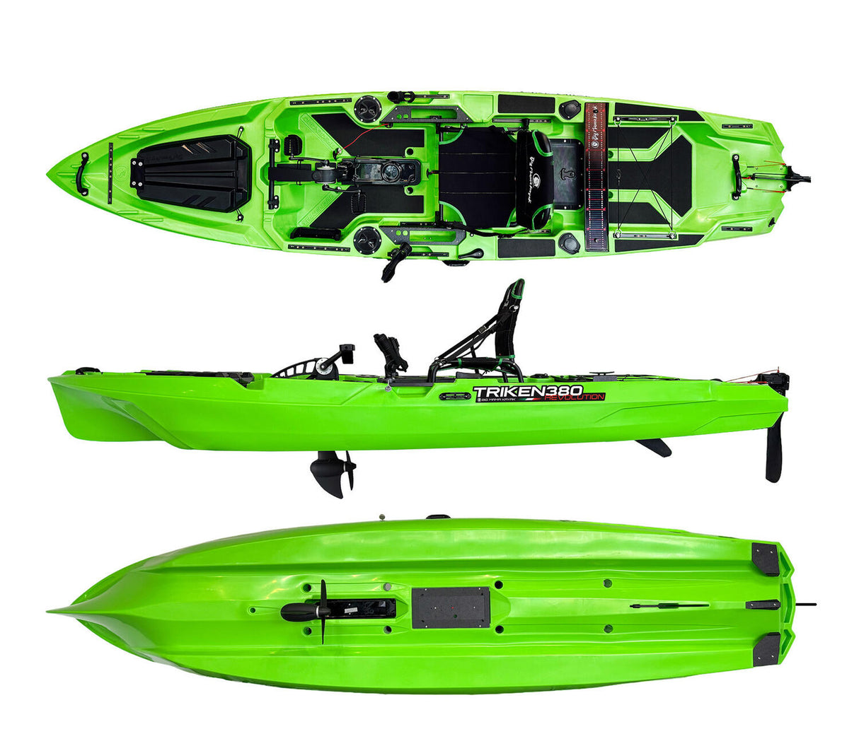 Triken 380 BIG MAMA Pedal Kayak - Single Seater Fishing Canoe with 4 rod holders, 2 lockers, rudder, pedal system, raised seat 