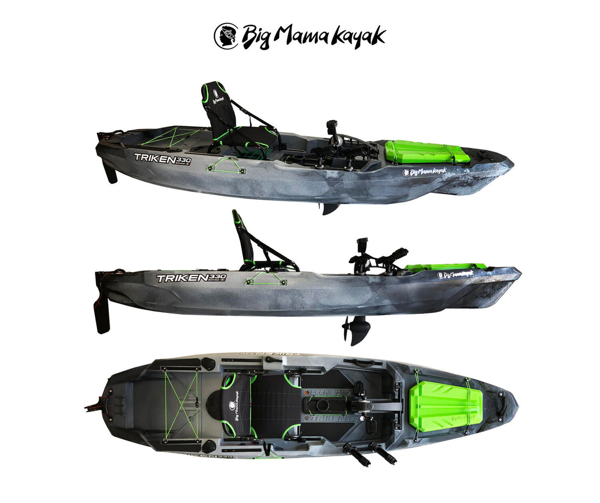 Big Mama Kayak a pedali TRIKEN 330 - Canoa Monoposto Fishing con 4 portacanne, 2 gavoni, timone, sistema di pedali, sedile rialzato, 11 barra di scorrimento - TIMESPORT24