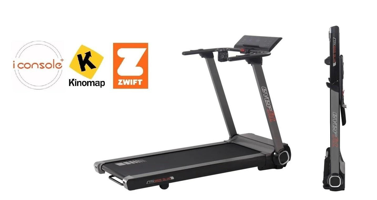 Tapis Roulant TFK-855 HRC Slim Ultracompatto Salvaspazio Inclinazione Elettrica -APP Ready 3.0- Linea Everfit TFK 855 Salva Spazio Velocità; 0,8 - 20,0 Km/h Piano di corsa; 51 x 140 cm Peso max utente; 120 kg Tappeto Elettrico Palestra