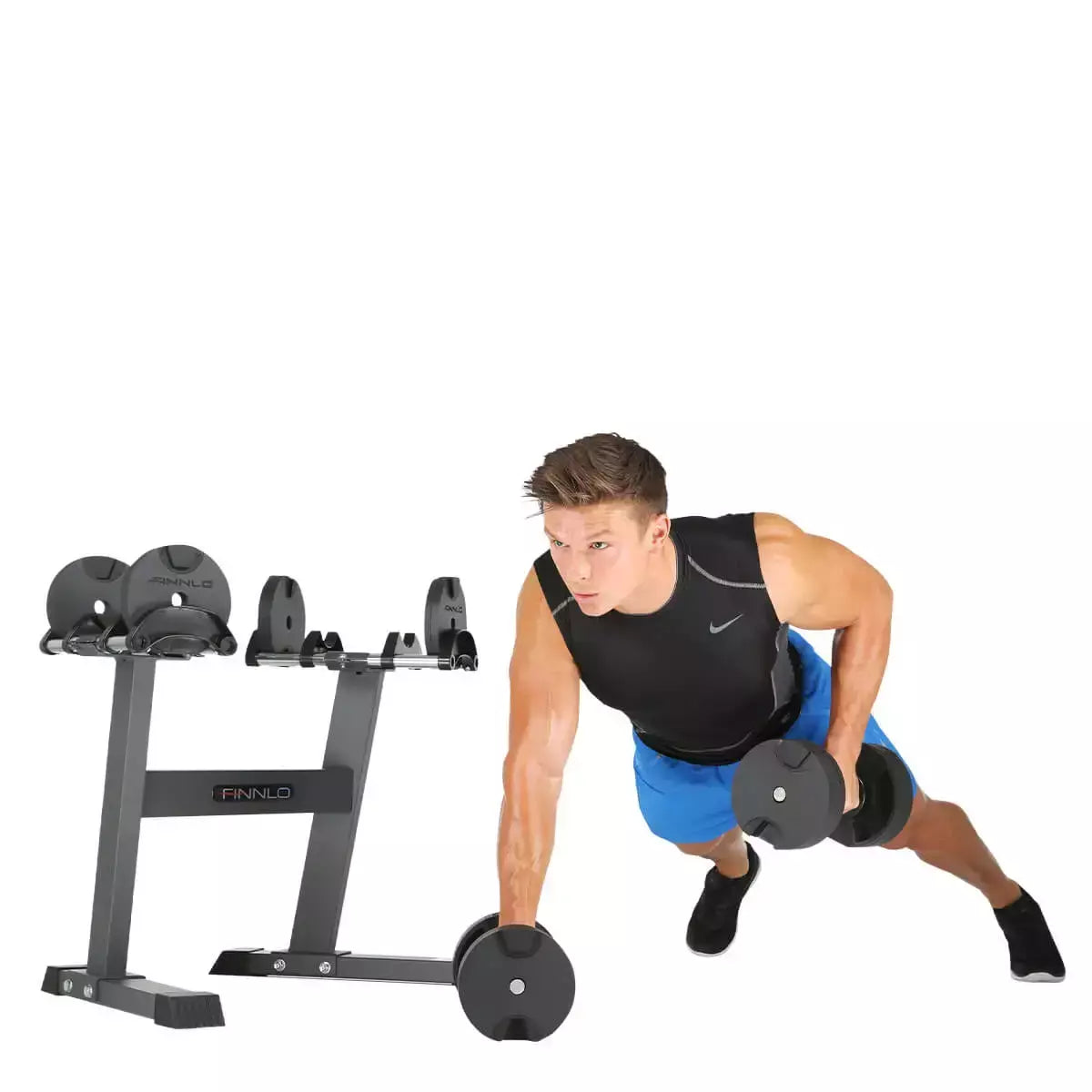 Set 2 Manubri Peso Variabile da 4 a 20 kg con Sostegno Rack Dumbbell Smartlock FINNLO by Hammer cod. 6772