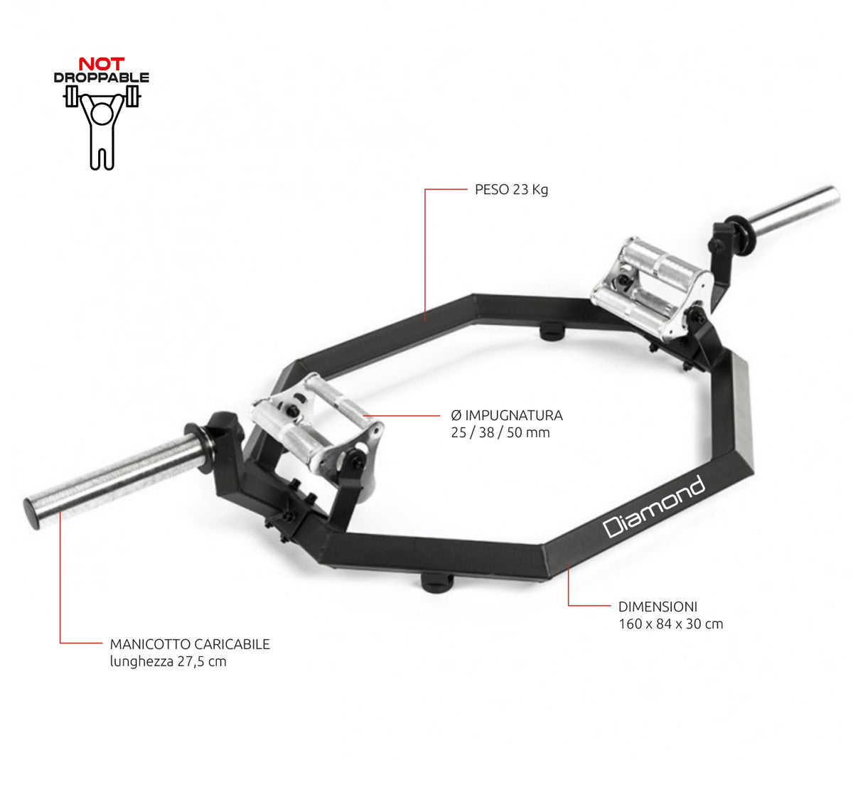 BILANCIERE OLIMPICO ESAGONALE – SHRUG BAR PRO – 300 Kg - Cod. BOED-P - LINEA DIAMOND