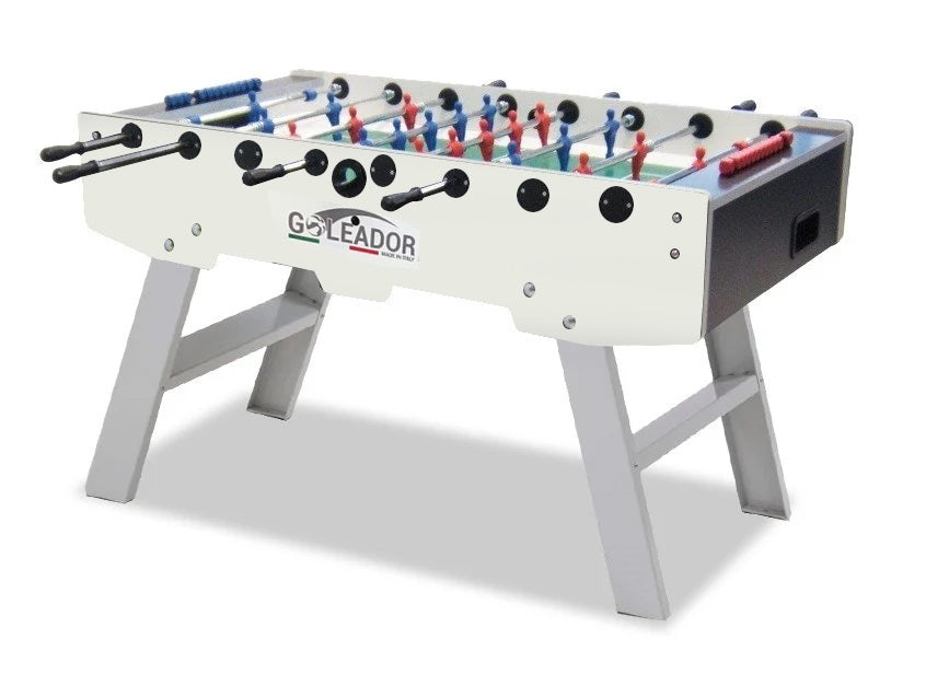 Calciobalilla Goleador Evolution Bianco / Nero con Aste Uscenti, Gambe Pieghevoli - Piano di Gioco in Vetro