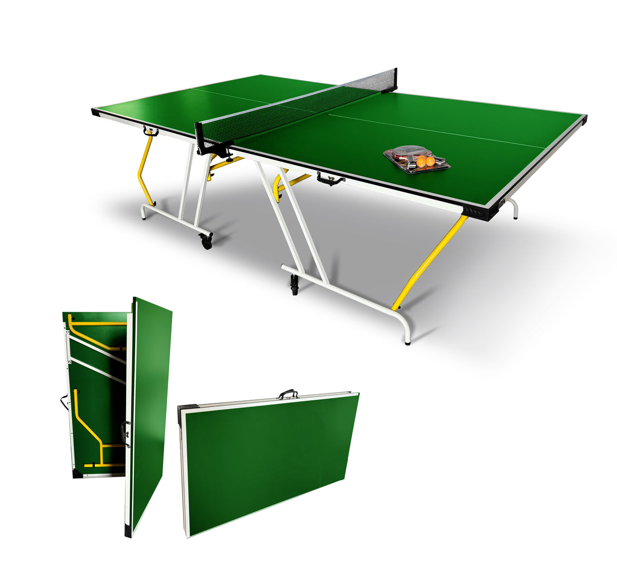 Urban Play Ping pong trasportabile in valigia, da interno, richiudibile con ruote, racchette e palline colore verde