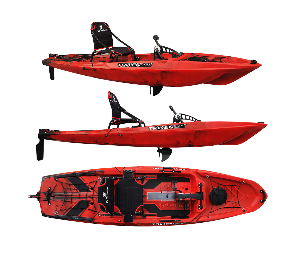 BIG MAMA KAYAK A PEDALI TRIKEN LIGHT - CANOA MONOPOSTO CON GAVONE, TIMONE, SISTEMA DI PEDALI AD ELICA, SEDILE RIALZATO, 8 BARRE DI SCORRIMENTO, PAGAIA in omaggio