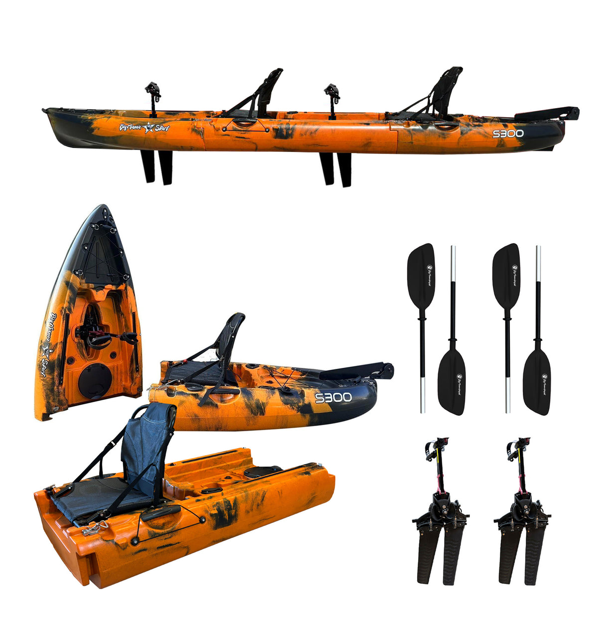 Kayak componibile rigido a pedali con pinne BIG MAMA START S300 family 2 posti + 2 pagaie + 2 sedili + 2 pedali