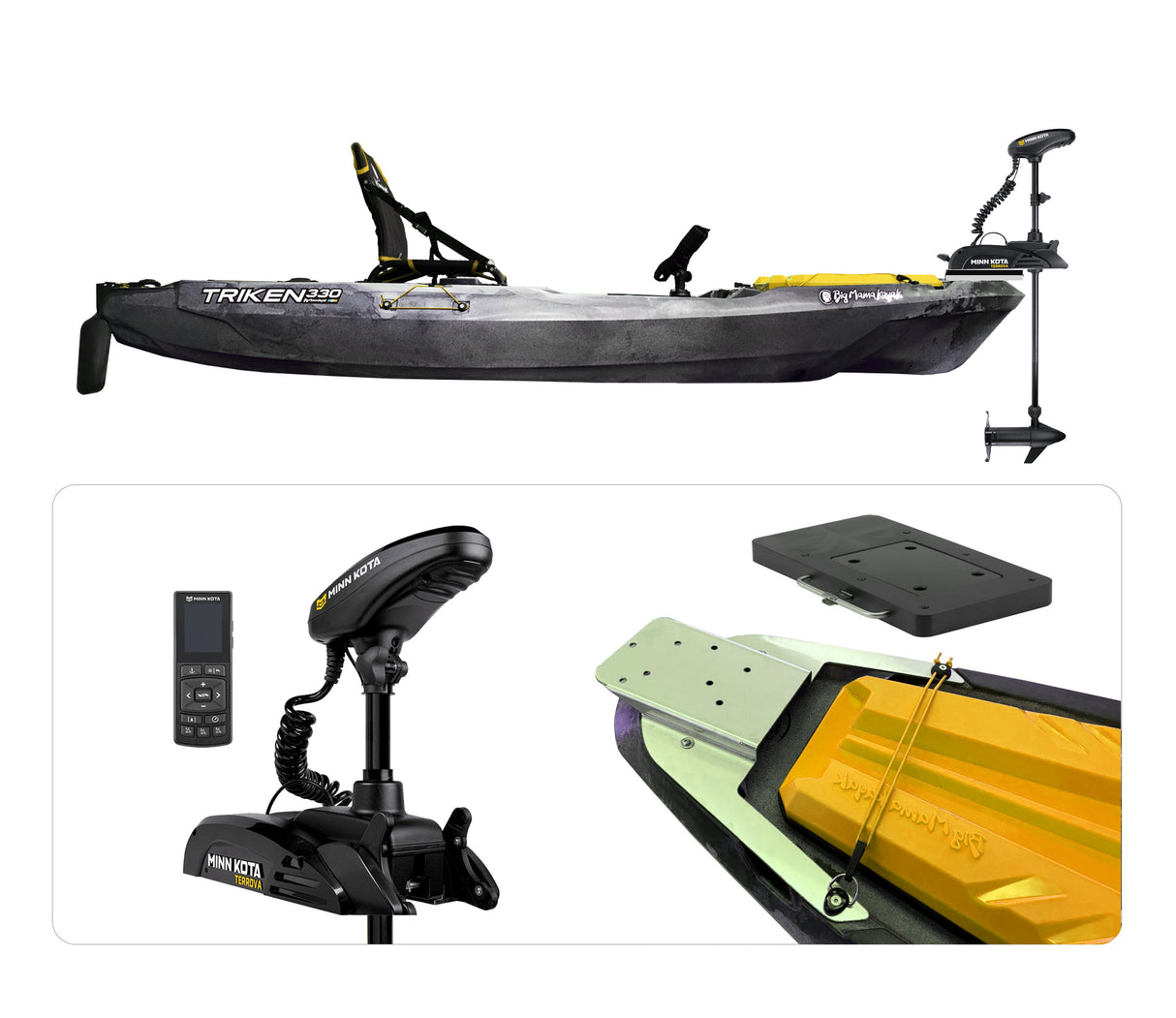 BIG MAMA KAYAK A PEDALI TRIKEN 330 con Pulpito Inox + Piastra sgancio rapido + motore TERROVA WR MINN KOTA 55lb, GPS SPOTLOCK, AUTOPILOTA