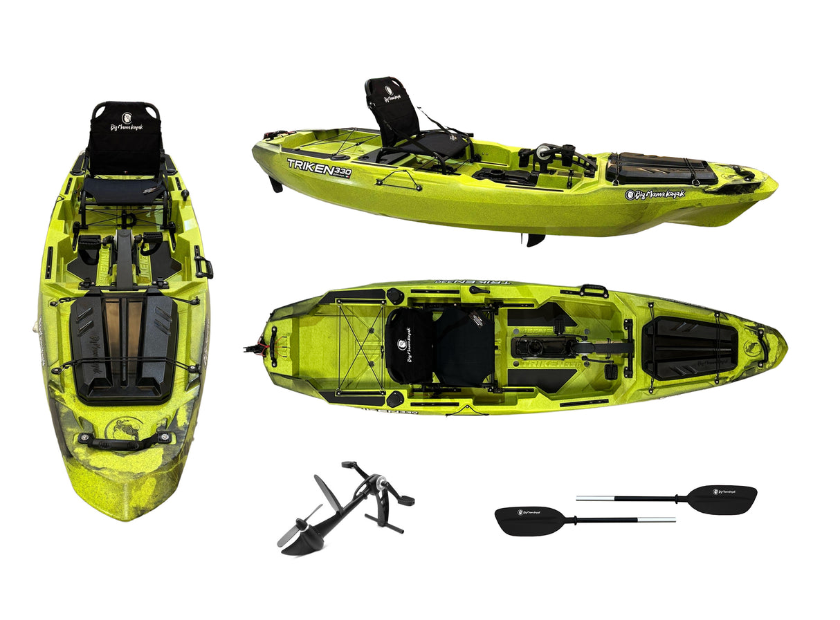 BIG MAMA KAYAK A PEDALI TRIKEN 330 - CANOA MONOPOSTO FISHING + motore elettrico BIXPY K1 Outboard Kit con batteria PP-378 Wh v4 + Adattatore Hoodoo Pedal Drive