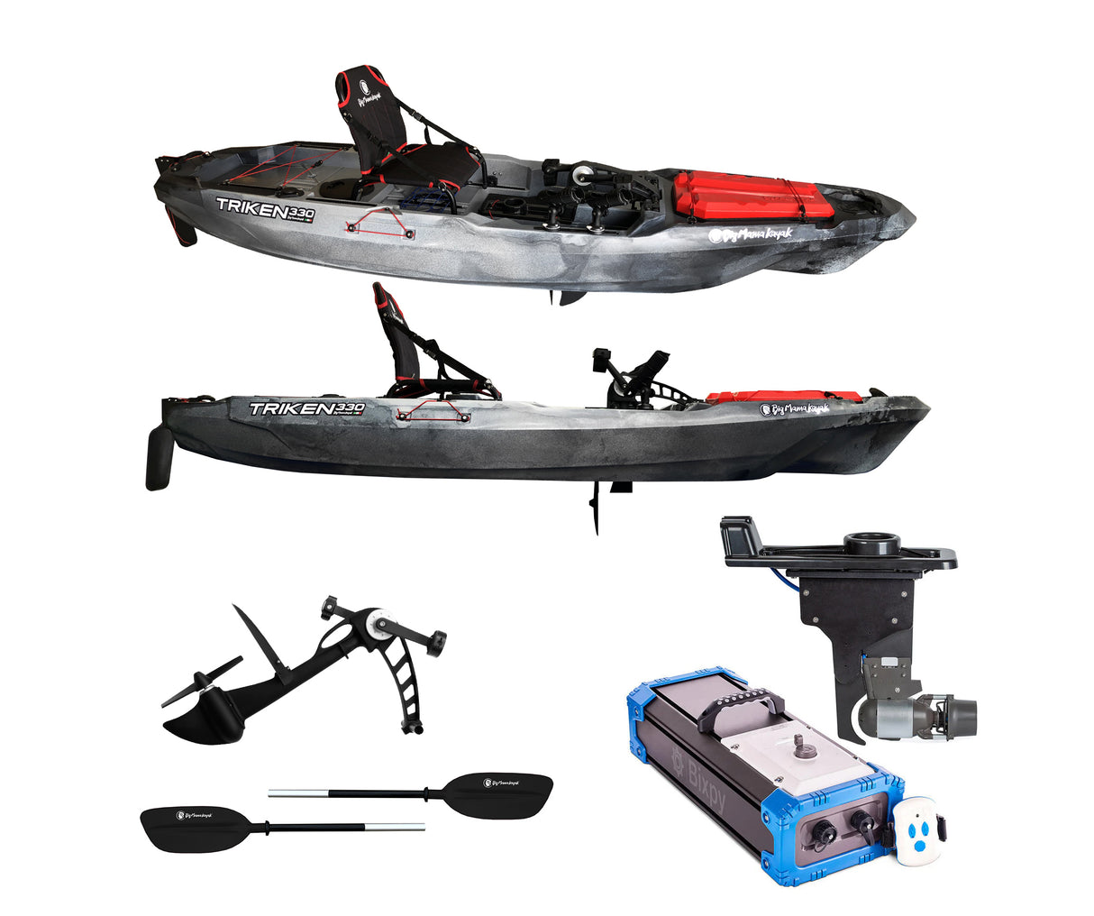 BIG MAMA KAYAK A PEDALI TRIKEN 330 - CANOA MONOPOSTO FISHING + motore elettrico BIXPY K1 Angler PRO Kit Outboard con batteria inclusa PP-768 Wh + Adattatore Hoodoo Pedal Drive