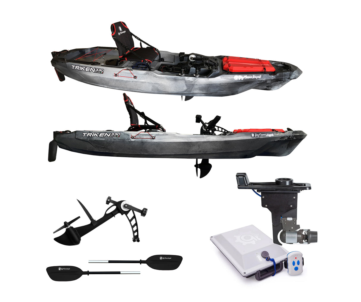 BIG MAMA KAYAK A PEDALI TRIKEN 330 - CANOA MONOPOSTO FISHING + motore elettrico BIXPY K1 Outboard Kit con batteria PP-378 Wh v4 + Adattatore Hoodoo Pedal Drive