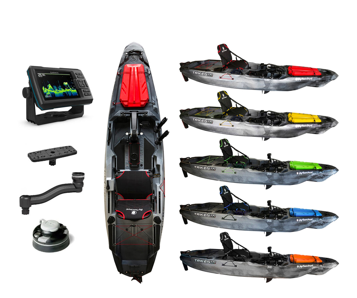 PACK KAYAK A PEDALI TRIKEN 330 BIG MAMA KAYAK CANOA MONOPOSTO FISHING SISTEMA DI PEDALI + GARMIN STRIKER VIVID 5CV ECOSCANDAGLIO