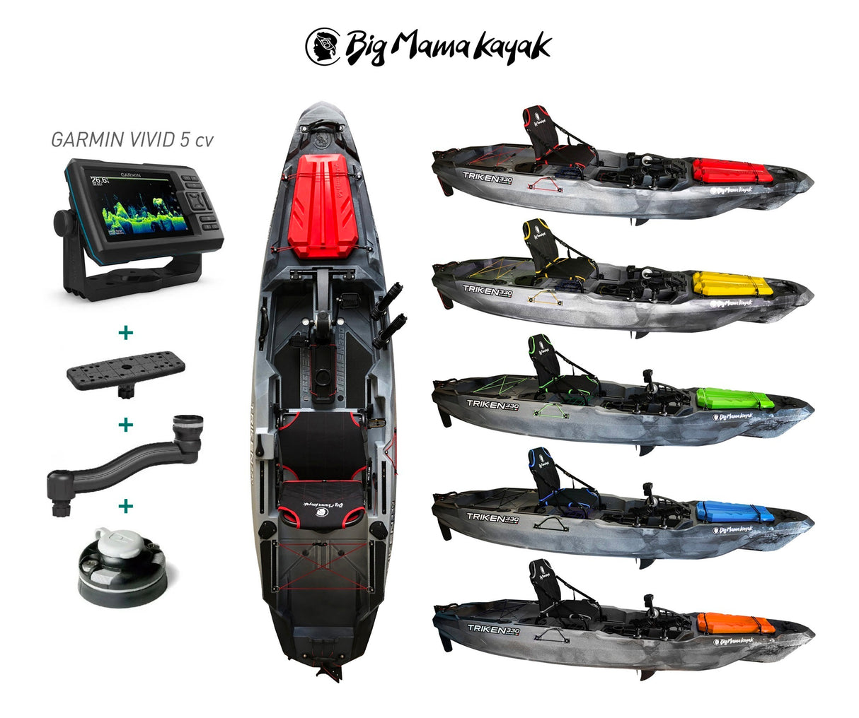PACK KAYAK A PEDALI TRIKEN 330 BIG MAMA KAYAK CANOA MONOPOSTO FISHING SISTEMA DI PEDALI + GARMIN STRIKER VIVID 5CV ECOSCANDAGLIO