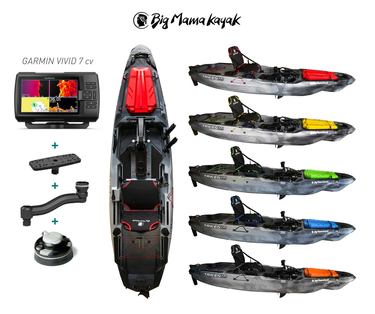 BIG MAMA KAYAK A PEDALI TRIKEN 330 GARMIN STRIKER VIVID 7CV ECOSCANDAGLIO + TRASDUTTORE + kit braccetto display