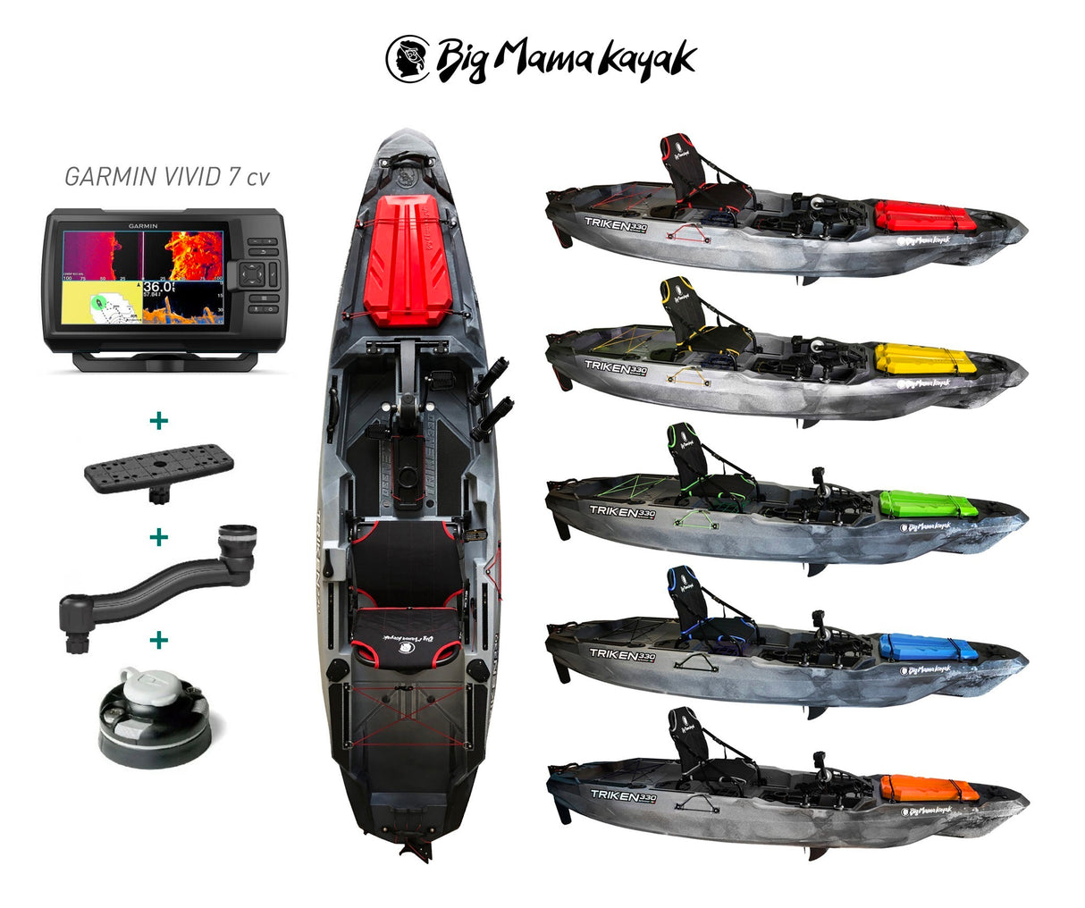 PACK : KAYAK A PEDALI TRIKEN 330 BIG MAMA KAYAK + GARMIN STRIKER VIVID 7SV ECOSCANDAGLIO + trasduttore GT52 + kit braccetto display