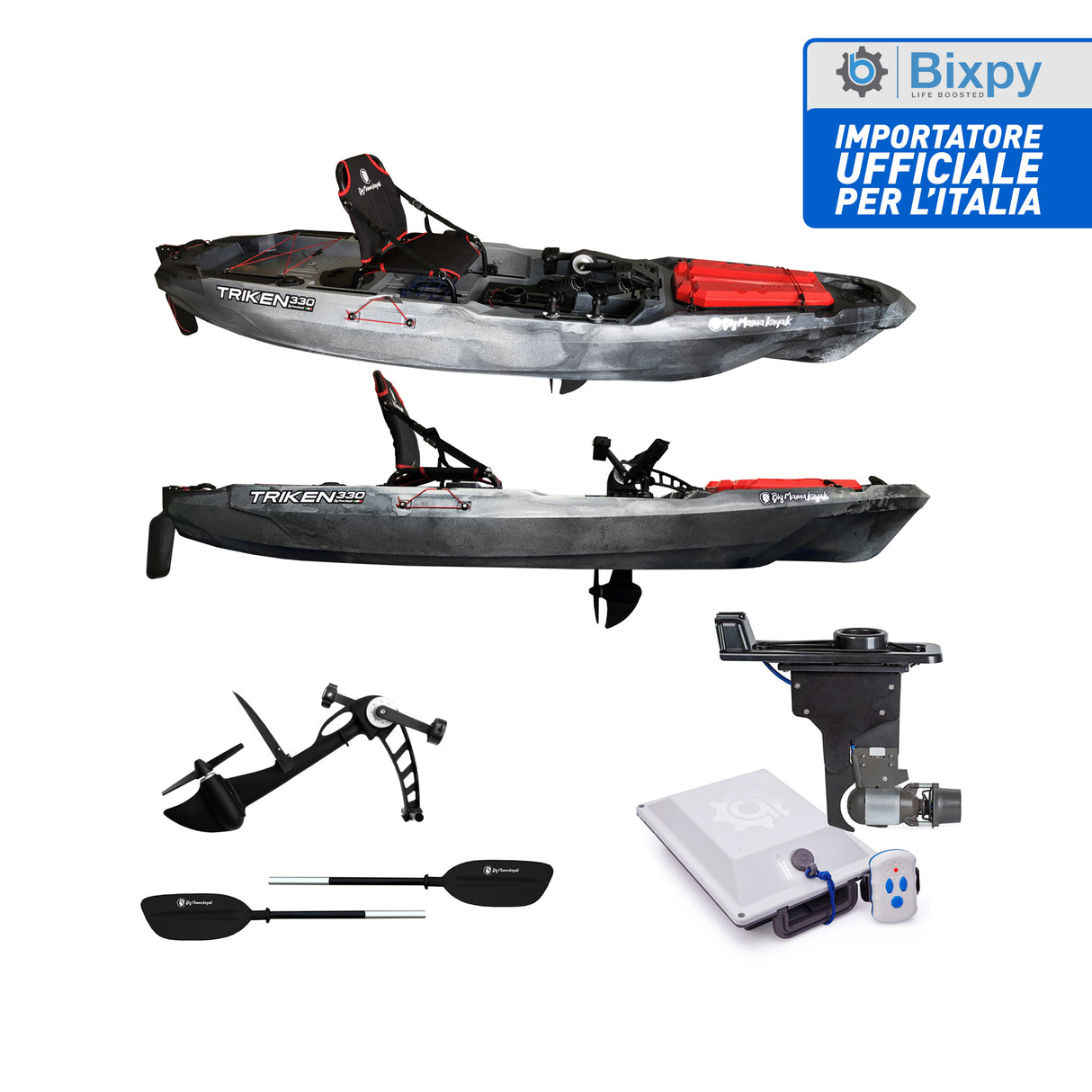 BIG MAMA KAYAK A PEDALI TRIKEN 330 - CANOA MONOPOSTO FISHING + motore elettrico BIXPY K1 Outboard Kit con batteria PP-378 Wh v4 + Adattatore Hoodoo Pedal Drive