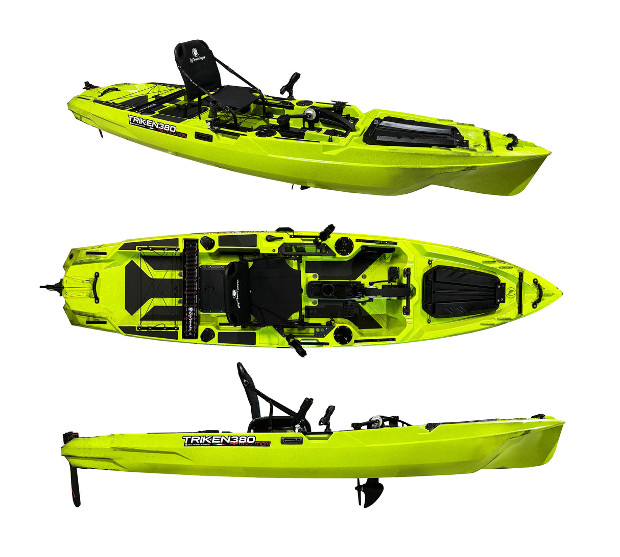 TRIKEN 380 BIG MAMA -KAYAK FISHING A PEDALI CON 4 PORTACANNE, 2 GAVONI, TIMONE, SISTEMA DI PEDALI, SEDILE RIALZATO