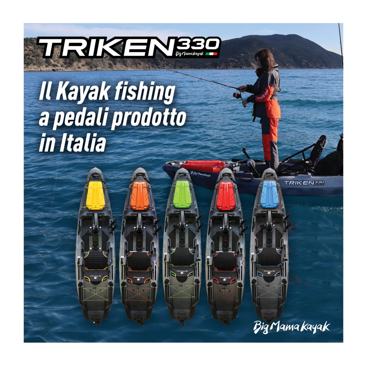 BIG MAMA KAYAK A PEDALI TRIKEN 330 - CANOA MONOPOSTO FISHING CON 4 PORTACANNE, 2 GAVONI, TIMONE, SISTEMA DI PEDALI, SEDILE RIALZATO, 11 BARRE DI SCORRIMENTO ver. coperchio azzurro