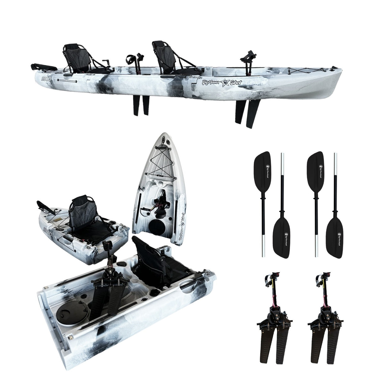 Kayak componibile rigido a pedali con pinne BIG MAMA START S300 family 2 posti + 2 pagaie + 2 sedili + 2 pedali