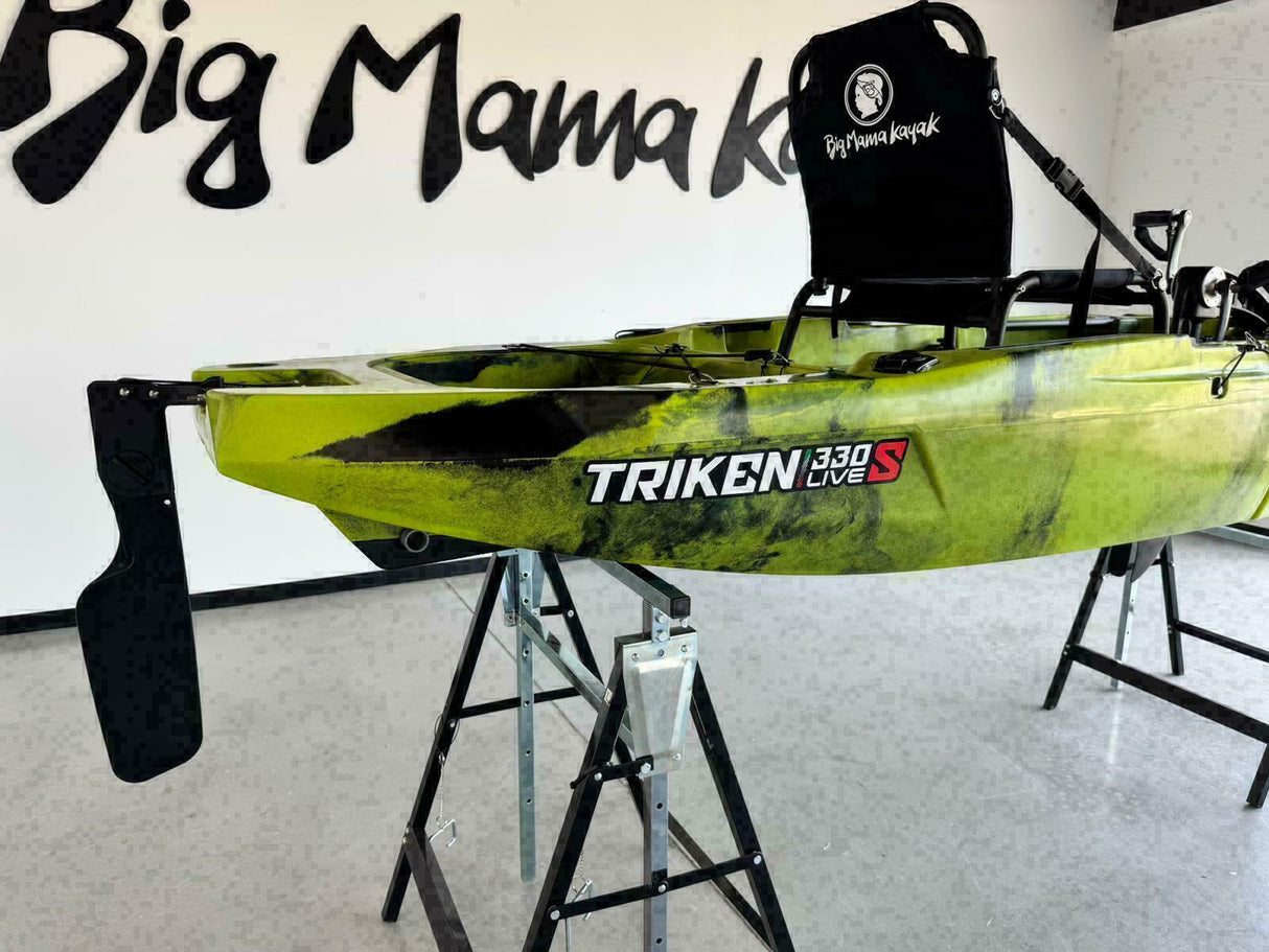 Kayak fishing a Pedali divisibile Big Mama Triken 330 Live S, con ruote e vasca del vivo - SCAFO GRIGIO NERO, gavone VERDE