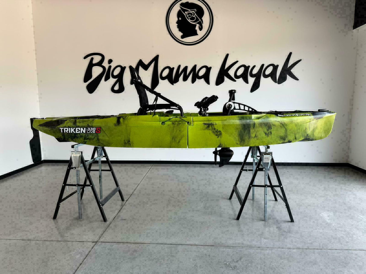 Kayak fishing a Pedali divisibile Big Mama Triken 330 Live S, con ruote e vasca del vivo - SCAFO GRIGIO NERO, gavone VERDE