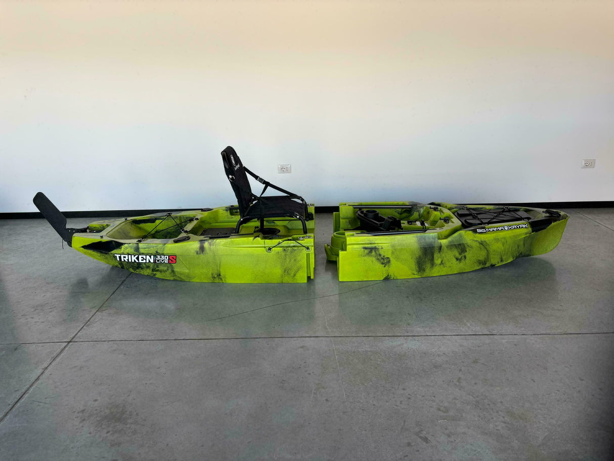 Kayak fishing a Pedali divisibile Big Mama Triken 330 Live S, con ruote e vasca del vivo - SCAFO GRIGIO NERO, gavone VERDE