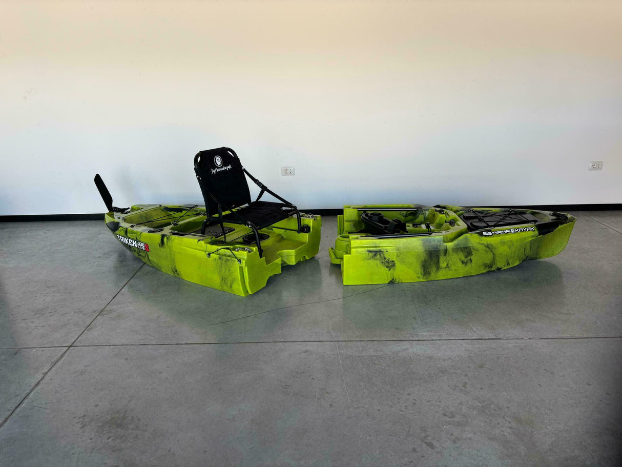 Kayak fishing a Pedali divisibile Big Mama Triken 330 Live S, con ruote e vasca del vivo - SCAFO GRIGIO NERO, gavone VERDE