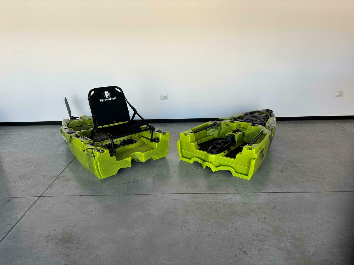 Kayak fishing a Pedali divisibile Big Mama Triken 330 Live S, con ruote e vasca del vivo - SCAFO GRIGIO NERO, gavone VERDE
