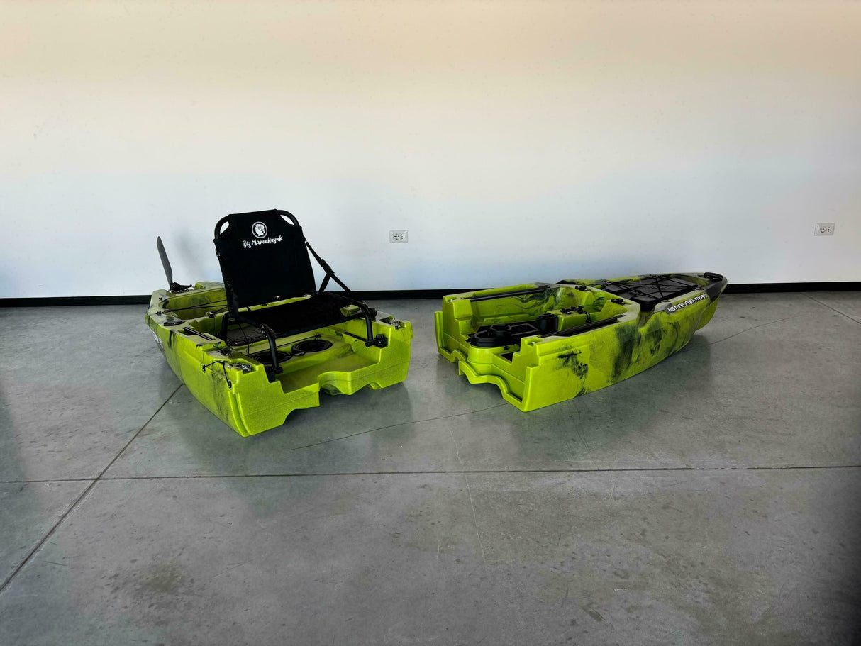 Kayak fishing a Pedali divisibile Big Mama Triken 330 Live S, con ruote e vasca del vivo - SCAFO GRIGIO NERO, gavone VERDE