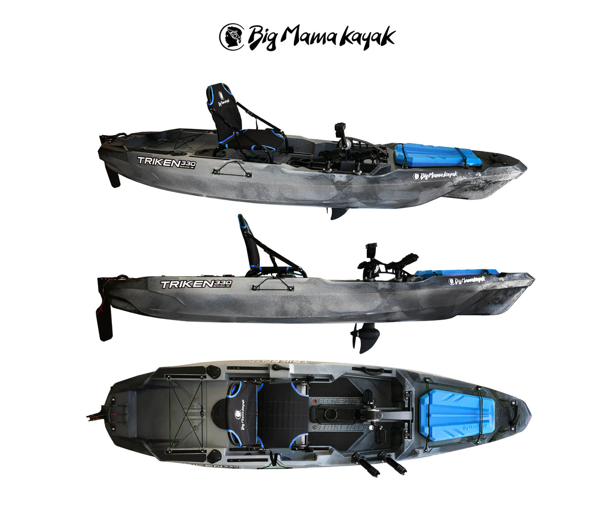 BIG MAMA KAYAK A PEDALI TRIKEN 330 - CANOA MONOPOSTO FISHING CON 4 PORTACANNE, 2 GAVONI, TIMONE, SISTEMA DI PEDALI, SEDILE RIALZATO, 11 BARRE DI SCORRIMENTO ver. coperchio azzurro