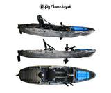 BIG MAMA KAYAK A PEDALI TRIKEN 330 - CANOA MONOPOSTO FISHING CON 4 PORTACANNE, 2 GAVONI, TIMONE, SISTEMA DI PEDALI, SEDILE RIALZATO, 11 BARRE DI SCORRIMENTO ver. coperchio azzurro