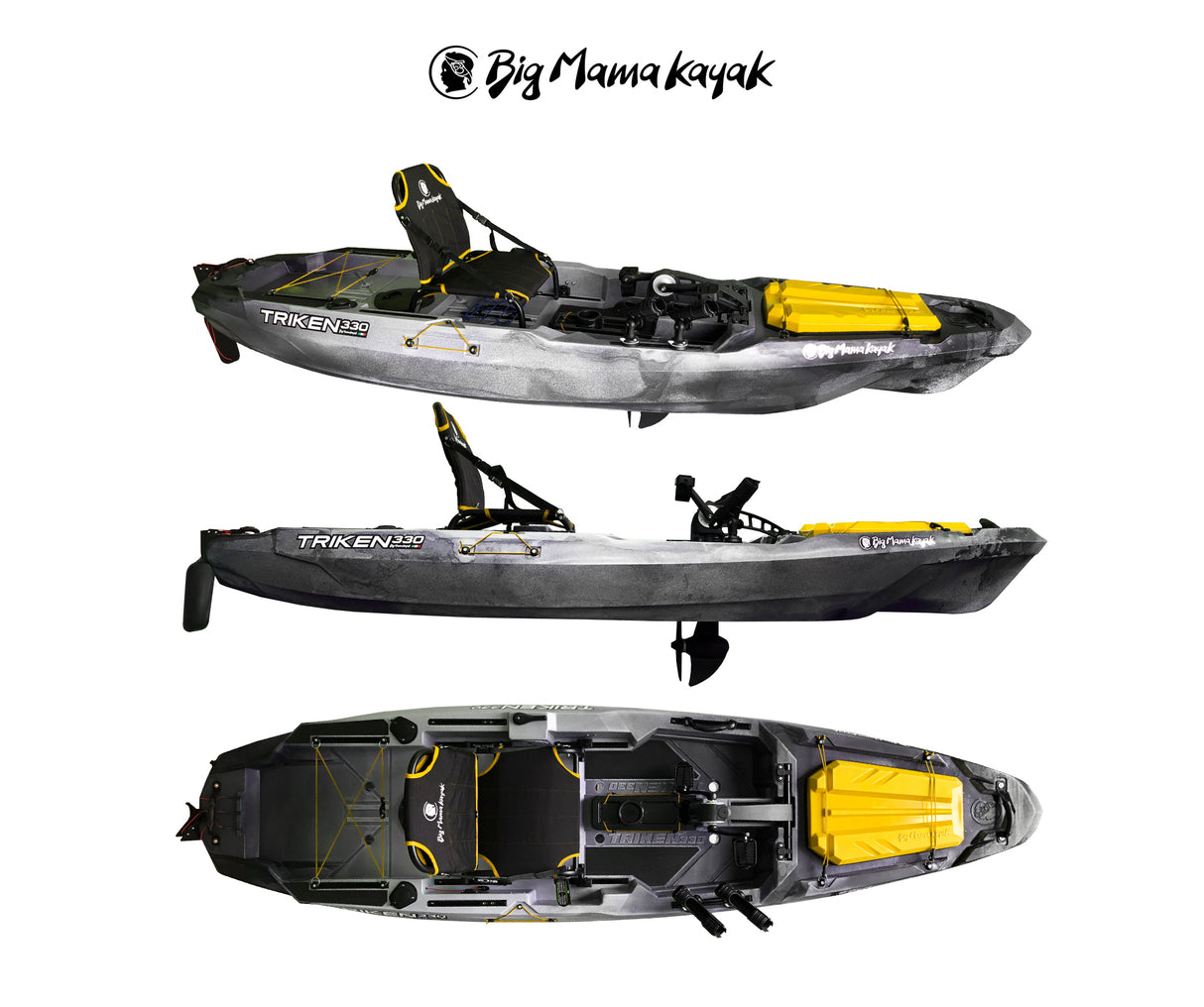 BIG MAMA KAYAK A PEDALI TRIKEN 330 - CANOA MONOPOSTO FISHING CON 4 PORTACANNE, 2 GAVONI, TIMONE, SISTEMA DI PEDALI, SEDILE RIALZATO, 11 BARRE DI SCORRIMENTO ver. coperchio giallo