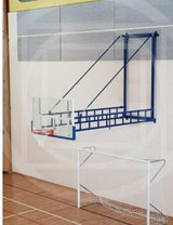 Ab1810 1 Coppia Impianto Basket Girevole a Parete Sbalzo 320 cm. con Tabelloni in Legno, certificato Secondo Norma Uni En 1270