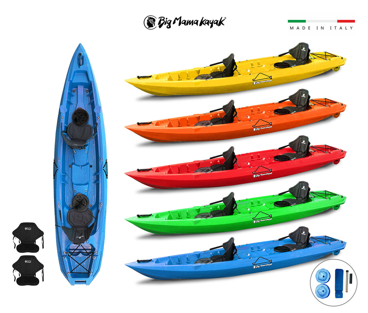 MOJITO BIG MAMA KAYAK, CANOA 2 + 1 Posti, 380 Cm + 2 Gavoni + 2 ruote integrate + 2 Seggiolini (PACK 2)