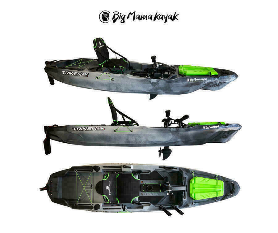 BIG MAMA KAYAK A PEDALI TRIKEN 330 - CANOA MONOPOSTO FISHING + motore elettrico BIXPY K1 Angler PRO Kit Outboard con batteria inclusa PP-768 Wh + Adattatore Hoodoo Pedal Drive