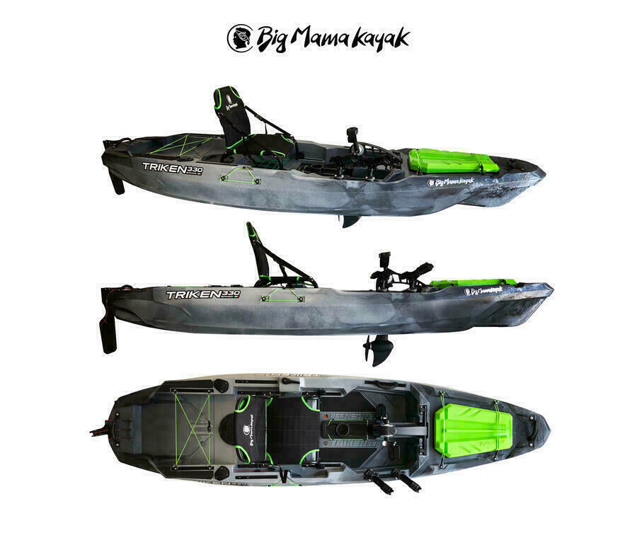 BIG MAMA KAYAK A PEDALI TRIKEN 330 - CANOA MONOPOSTO FISHING + motore elettrico BIXPY K1 Outboard Kit con batteria PP-378 Wh v4 + Adattatore Hoodoo Pedal Drive