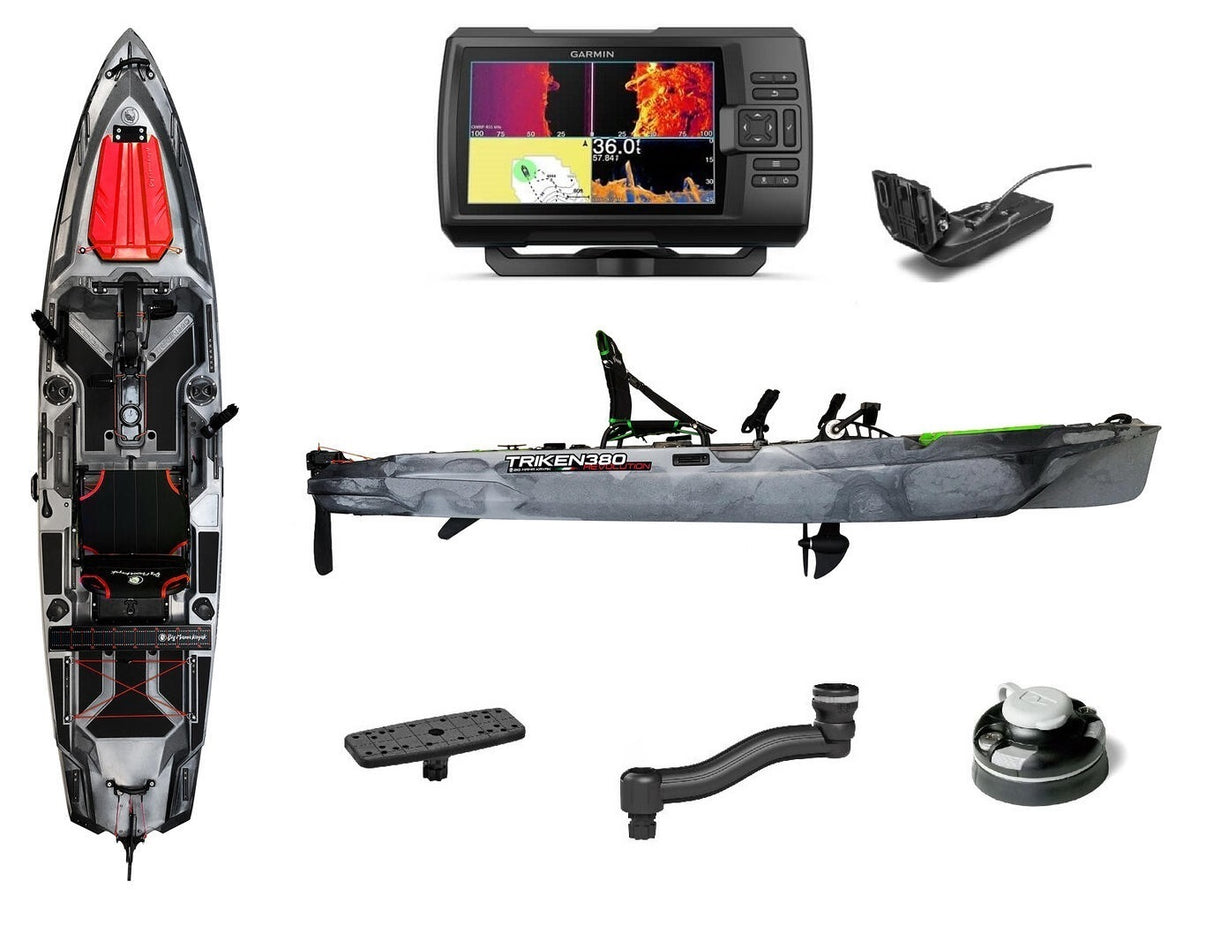 BIG MAMA KAYAK A PEDALI TRIKEN 380 + GARMIN STRIKER VIVID 7SV ECOSCANDAGLIO + TRASDUTTORE + kit braccetto display