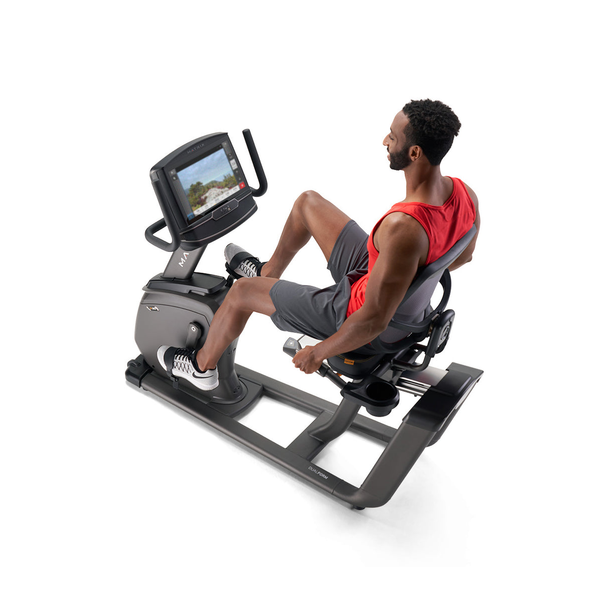 RECUMBENT BIKE R30 CON CONSOLE XIR, professionale, con accesso facilitato, stabile e versatile. La nostra bike R30 include le esclusive tecnologie Dual Form Frame e Comfort Arc Seat. Linea Matrix