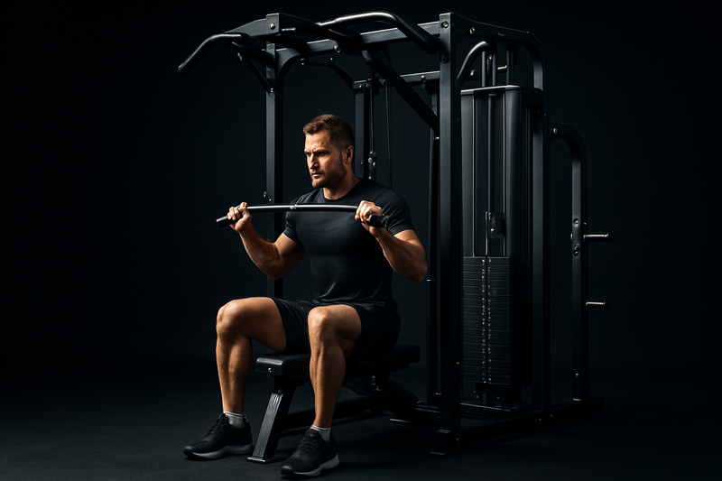 un uomo che utilizza un attrezzo fitness multifunzione con sfondo scuro