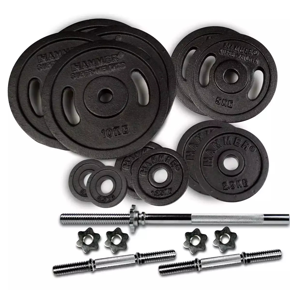 Barbell and Dumbbell Set 73 kg Gym Weights Iron Plates cod. 4660 Hammer Line 