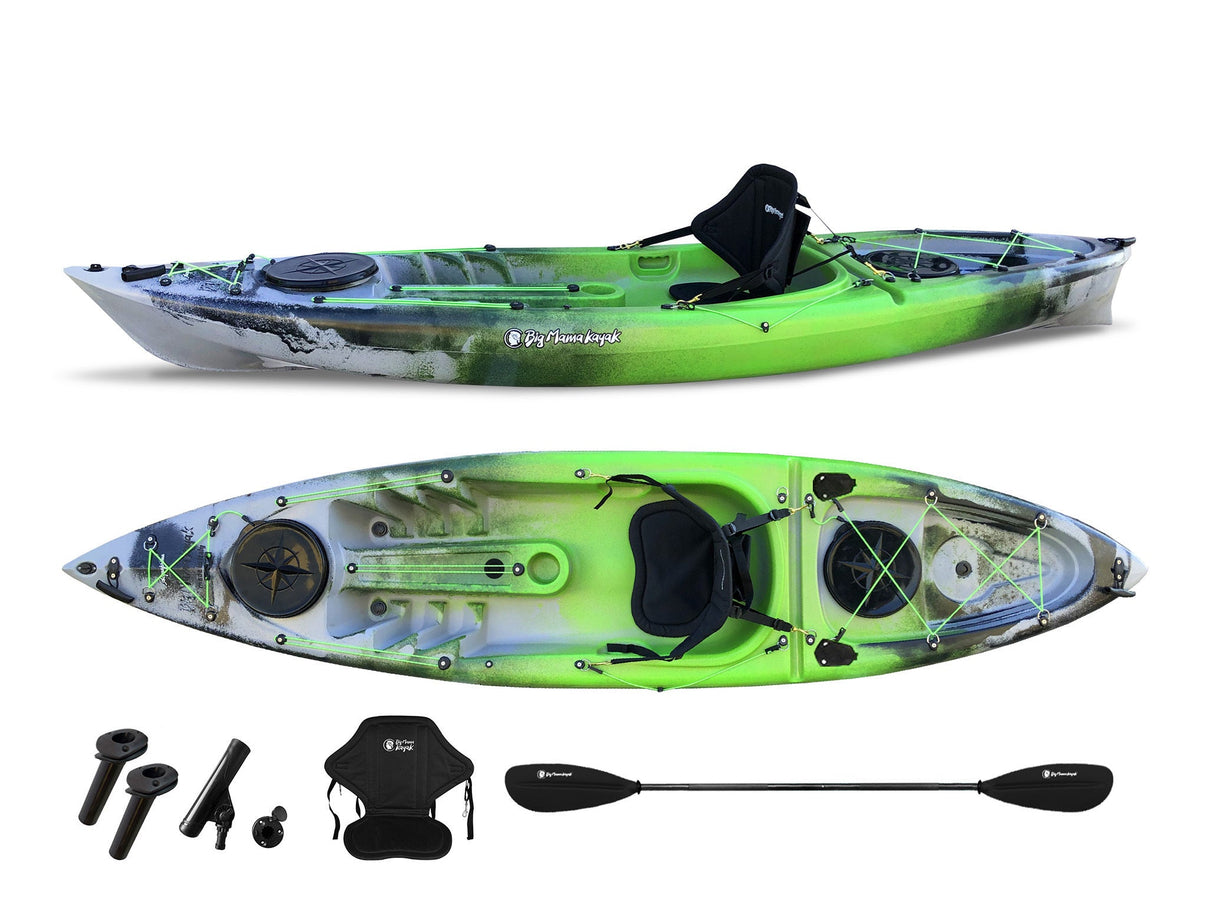 1 SINGLE PLACE CANOE ACQUAPRIMA FISHING LIMITED EDITION BIG MAMA KAYAK, SINGLE SEAT 310 CM + 3 ROD HOLDER + 2 LOCKER + 1 PADDLE + 1 SEAT (FULL PACK) - SNAKE GREEN 