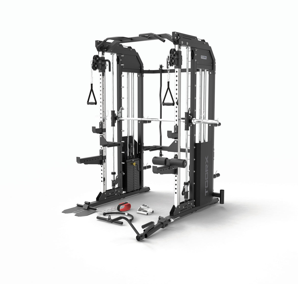 ASX-5000 Professional all in one multifunction station weight pack 2 x 90 kg - Dual Pulley + Smith machine + Rack functional with pylon for chin-ups and TOORX dip station 