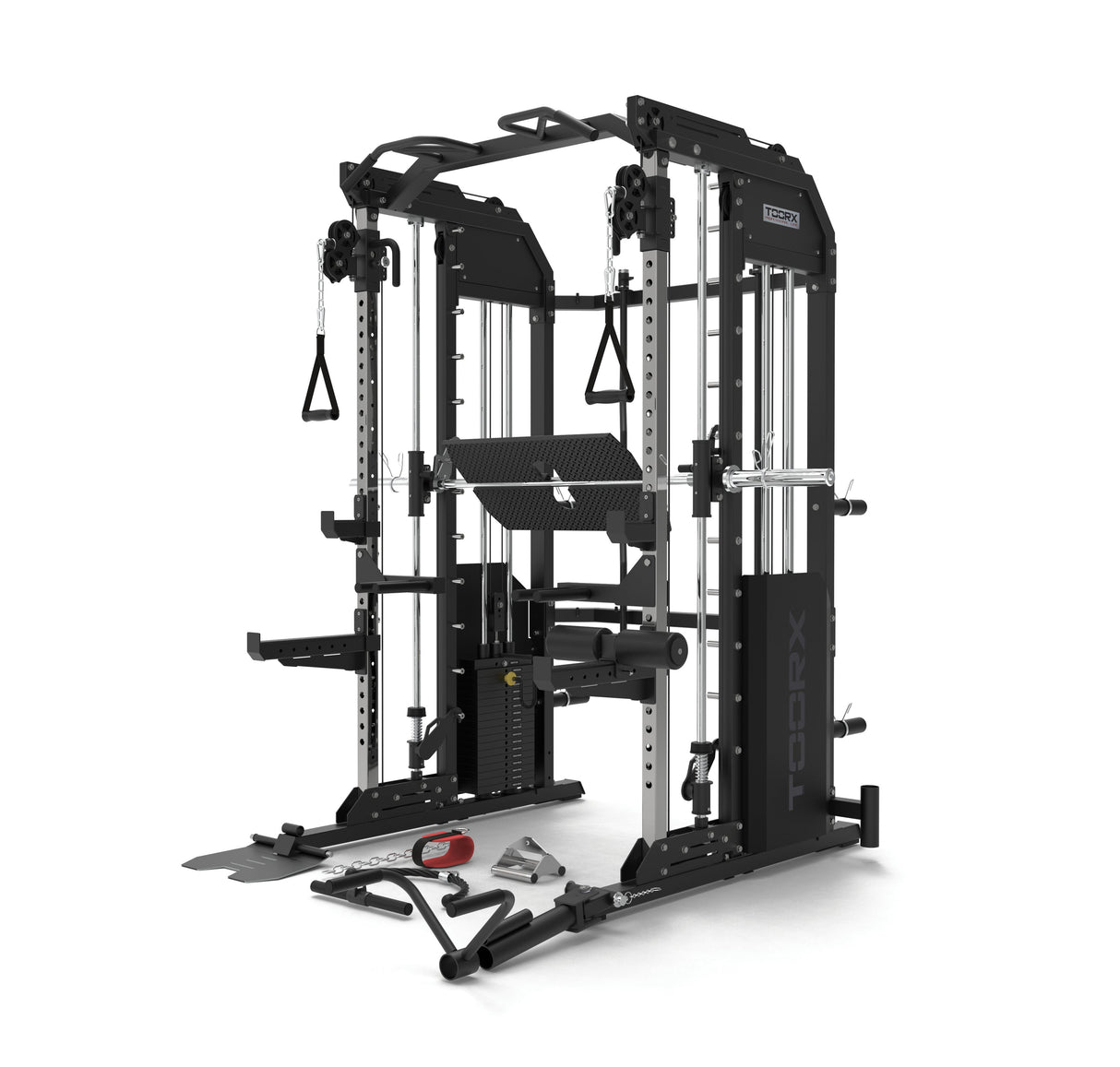 ASX-5000 Professional all in one multifunction station weight pack 2 x 90 kg - Dual Pulley + Smith machine + Rack functional with pylon for chin-ups and TOORX dip station 