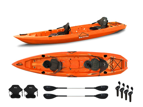 Canoa biposto da pesca - Mojito Fishing Big mama kayak - kayak 380 cm - 2 posti adulto + 1 posto bambino + 2 gavoni + 2 ruote integrate + 2 pagaie + 2 seggiolini + 4 portacanne - ARANCIONE - TIMESPORT24