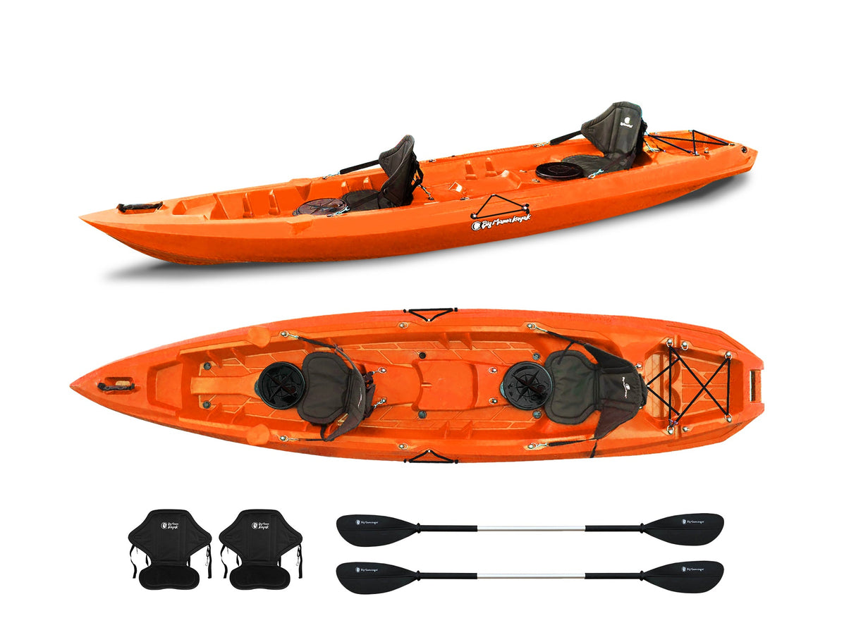 Two-seater kayak Mojito Big mama kayak - canoe 380 cm - 2 adult seats + 1 child seat + 2 lockers + 2 integrated wheels + 2 paddles + 2 seats - ORANGE 