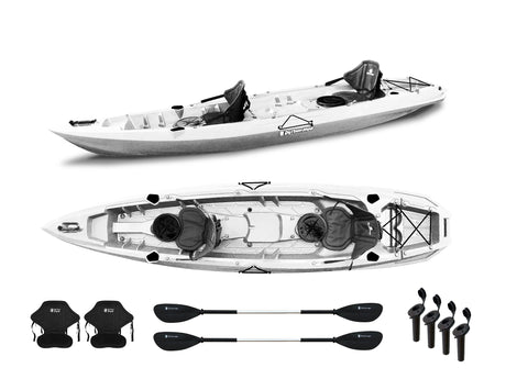 Canoa biposto da pesca - Mojito Fishing Big mama kayak - kayak 380 cm - 2 posti adulto + 1 posto bambino + 2 gavoni + 2 ruote integrate + 2 pagaie + 2 seggiolini + 4 portacanne- BIANCO - TIMESPORT24