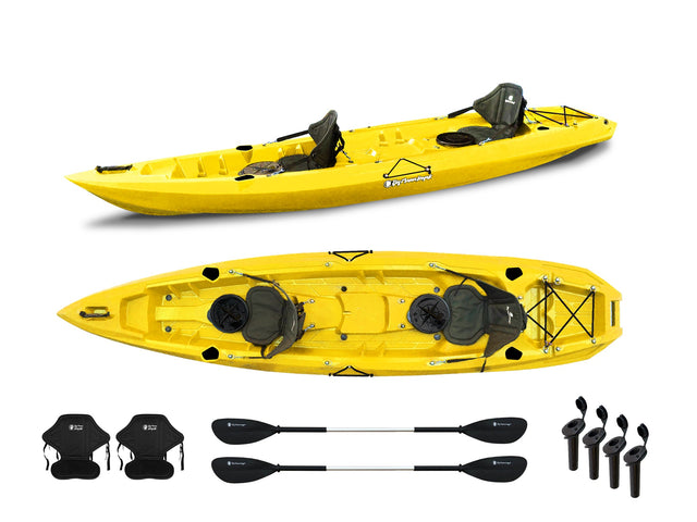 Canoa biposto da pesca - Mojito Fishing Big mama kayak - kayak 380 cm - 2 posti adulto + 1 posto bambino + 2 gavoni + 2 ruote integrate + 2 pagaie + 2 seggiolini + 4 portacanne - GIALLO - TIMESPORT24