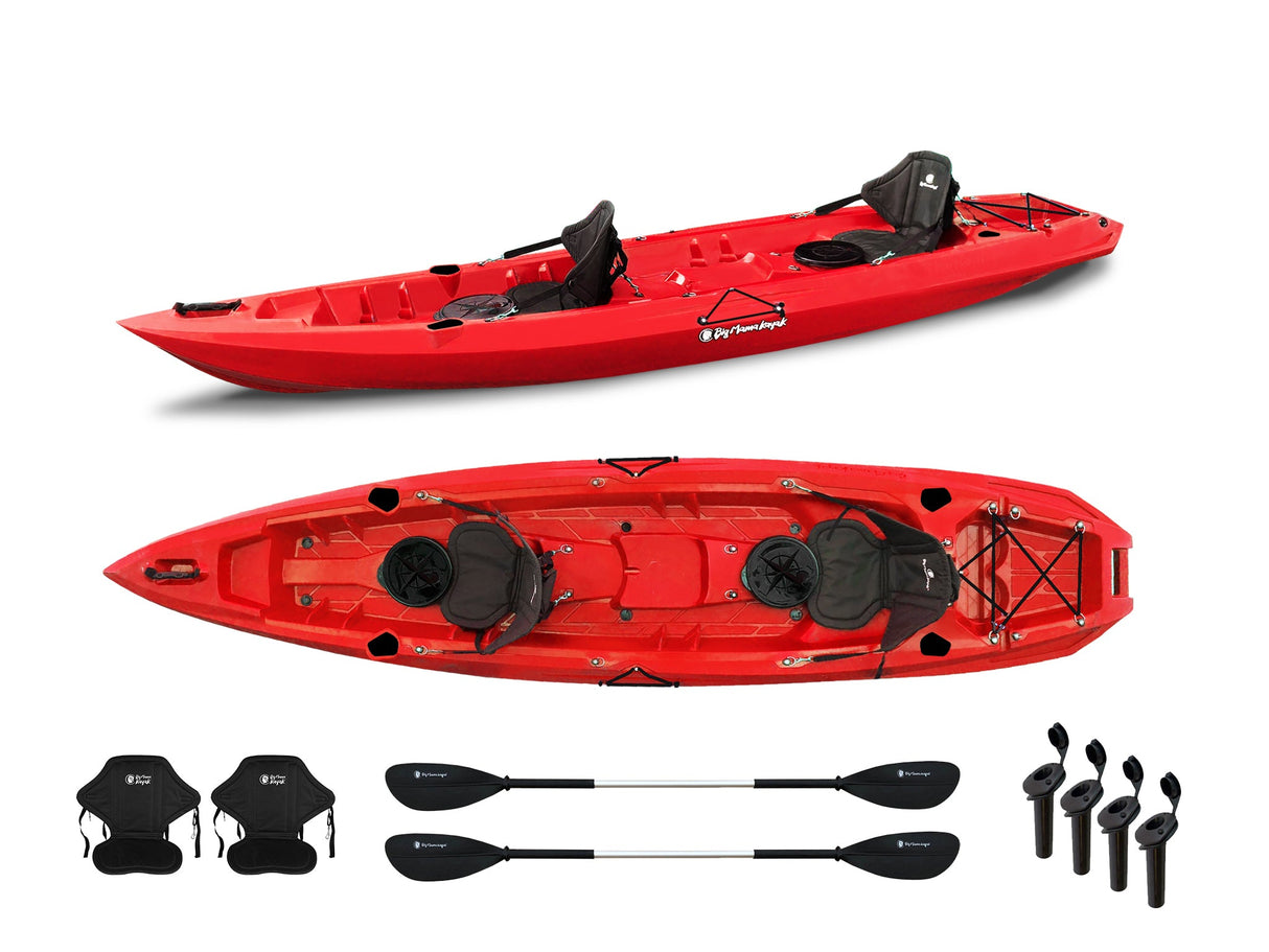 Canoa biposto da pesca - Mojito Fishing Big mama kayak - kayak 380 cm - 2 posti adulto + 1 posto bambino + 2 gavoni + 2 ruote integrate + 2 pagaie + 2 seggiolini + 4 portacanne - ROSSO - TIMESPORT24