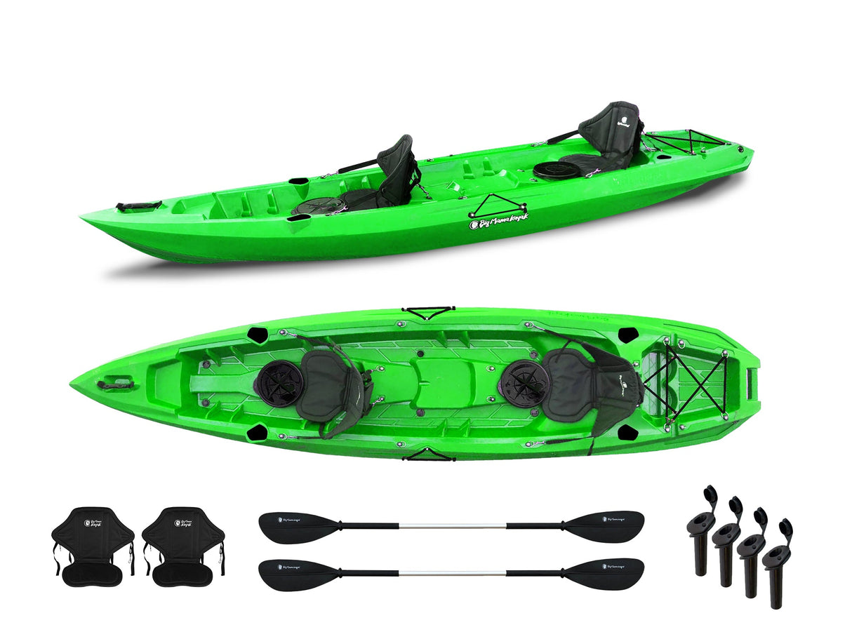 Canoa biposto da pesca - Mojito Fishing Big mama kayak - kayak 380 cm - 2 posti adulto + 1 posto bambino + 2 gavoni + 2 ruote integrate + 2 pagaie + 2 seggiolini + 4 portacanne - VERDE - TIMESPORT24