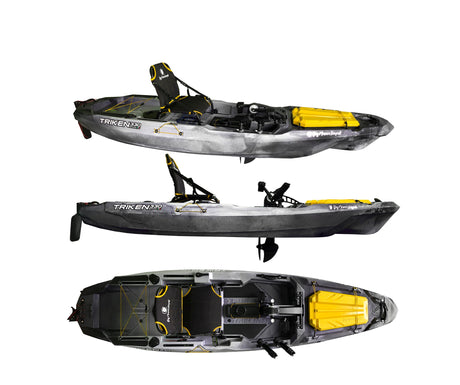 BIG MAMA KAYAK A PEDALI TRIKEN 330 - CANOA MONOPOSTO FISHING CON 4 PORTACANNE, 2 GAVONI, TIMONE, SISTEMA DI PEDALI, SEDILE RIALZATO, 11 BARRE DI SCORRIMENTO ver. coperchio giallo