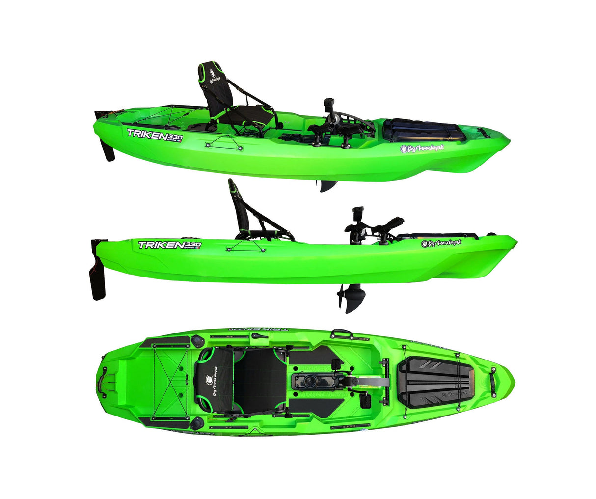 BIG MAMA KAYAK A PEDALI TRIKEN 330 - CANOA MONOPOSTO FISHING CON 4 PORTACANNE, 2 GAVONI, TIMONE, SISTEMA DI PEDALI, SEDILE RIALZATO, 11 BARRE DI SCORRIMENTO ver. scafo verde