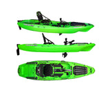 BIG MAMA KAYAK A PEDALI TRIKEN 330 - CANOA MONOPOSTO FISHING CON 4 PORTACANNE, 2 GAVONI, TIMONE, SISTEMA DI PEDALI, SEDILE RIALZATO, 11 BARRE DI SCORRIMENTO ver. scafo verde